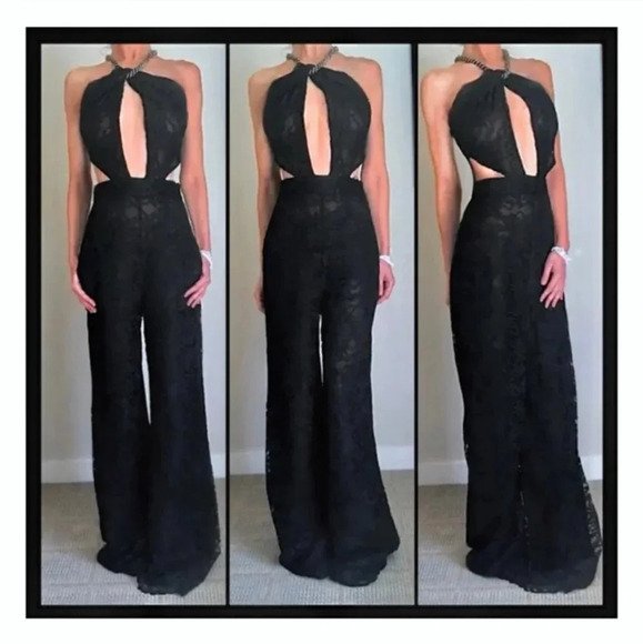NEW Dundas Jumpsuit Black Halter Cutouts Embellished Open Back Lace Wide Pants - Picture 3 of 12